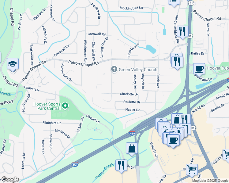 map of restaurants, bars, coffee shops, grocery stores, and more near 1800 Charlotte Dr in Birmingham