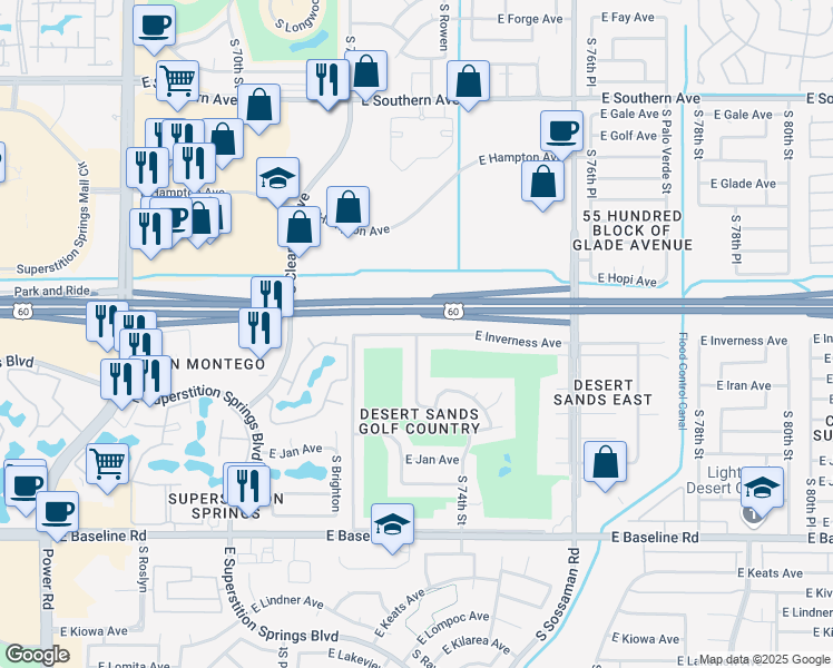 map of restaurants, bars, coffee shops, grocery stores, and more near South 74th Street in Mesa