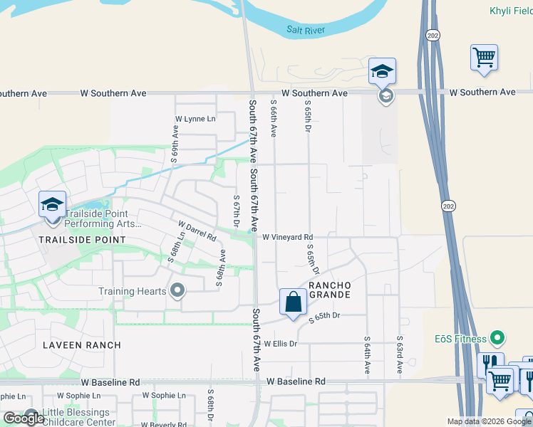 map of restaurants, bars, coffee shops, grocery stores, and more near 6634 South 66th Avenue in Maricopa County
