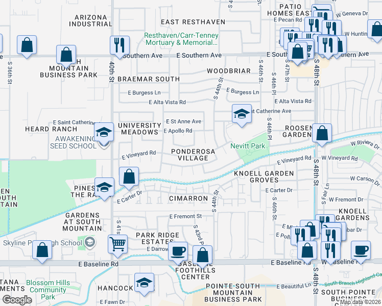 map of restaurants, bars, coffee shops, grocery stores, and more near 4301 East Vineyard Road in Phoenix