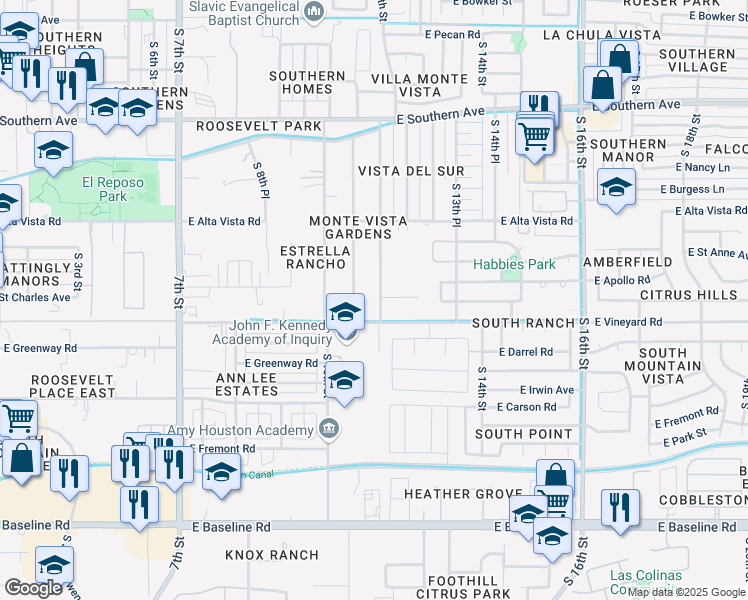 map of restaurants, bars, coffee shops, grocery stores, and more near 6641 South 12th Street in Phoenix