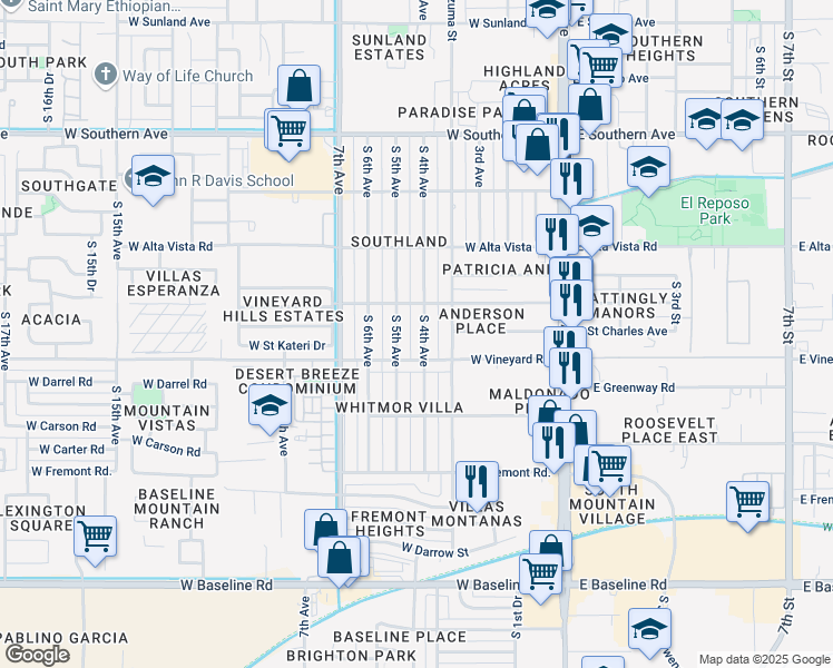 map of restaurants, bars, coffee shops, grocery stores, and more near 6633 South 4th Avenue in Phoenix
