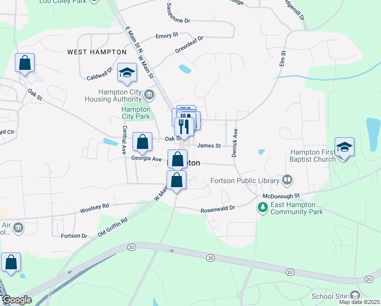 map of restaurants, bars, coffee shops, grocery stores, and more near 7 McDonough Street in Hampton