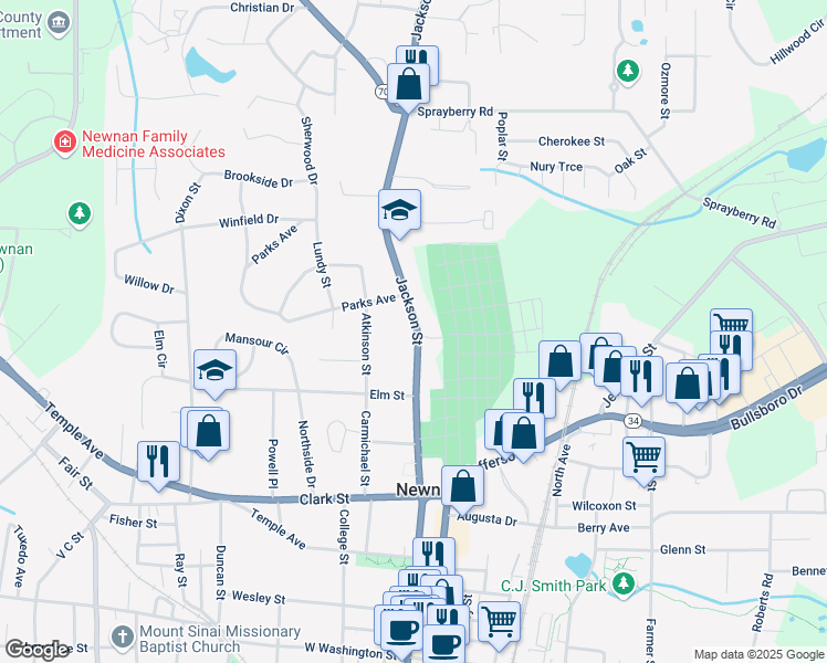map of restaurants, bars, coffee shops, grocery stores, and more near 9 Charles Place in Newnan