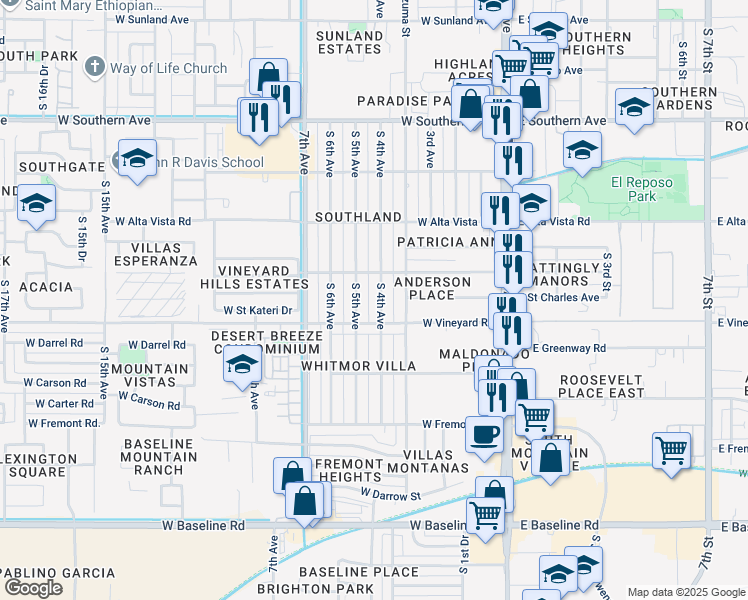 map of restaurants, bars, coffee shops, grocery stores, and more near 6633 South 4th Avenue in Phoenix