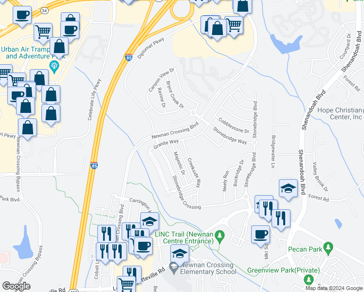 map of restaurants, bars, coffee shops, grocery stores, and more near 115 Creekside Way in Newnan
