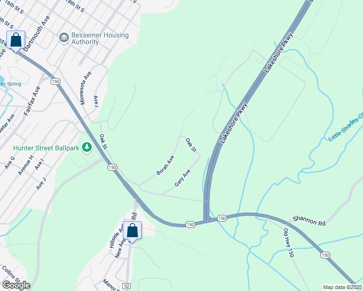 map of restaurants, bars, coffee shops, grocery stores, and more near 827 Oak Street in Bessemer