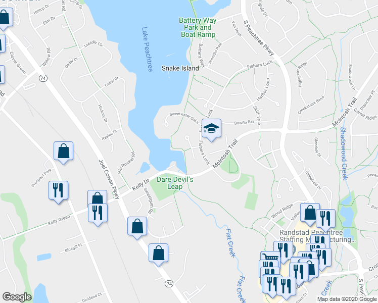 map of restaurants, bars, coffee shops, grocery stores, and more near 600 Lakewood Lane in Peachtree City
