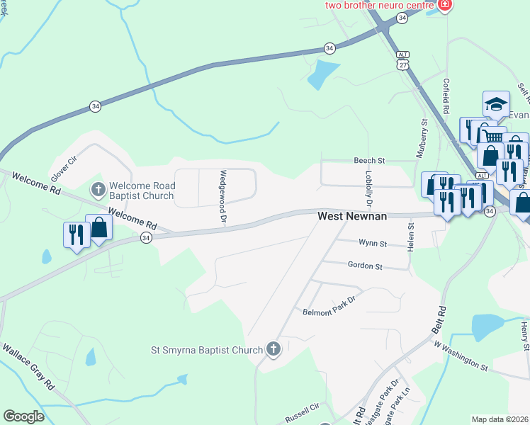 map of restaurants, bars, coffee shops, grocery stores, and more near 91 Franklin Road in Newnan