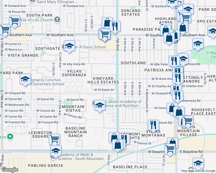 map of restaurants, bars, coffee shops, grocery stores, and more near 815 West Saint Charles Avenue in Phoenix
