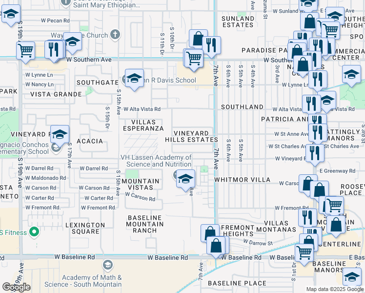 map of restaurants, bars, coffee shops, grocery stores, and more near 921 West Saint Charles Avenue in Phoenix