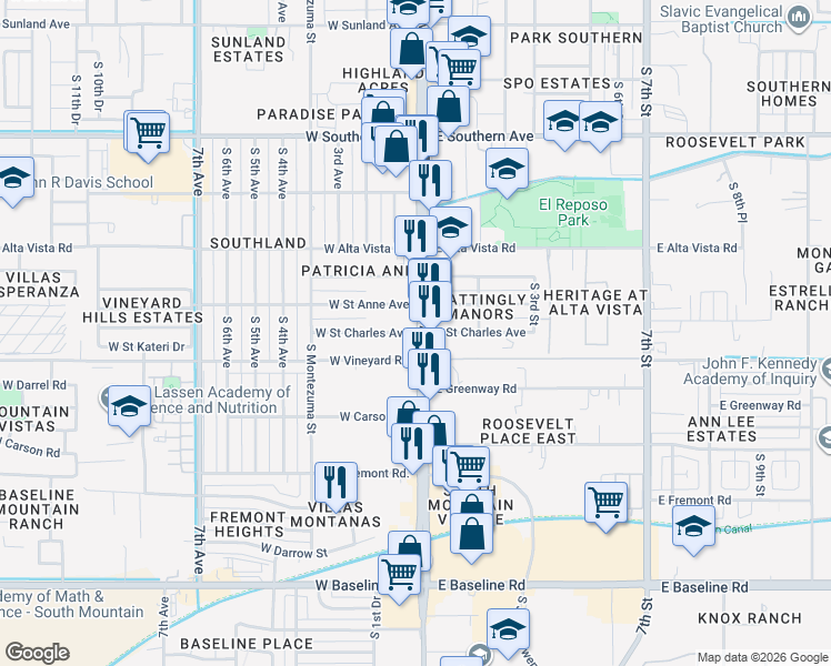 map of restaurants, bars, coffee shops, grocery stores, and more near West Saint Charles Avenue in Phoenix