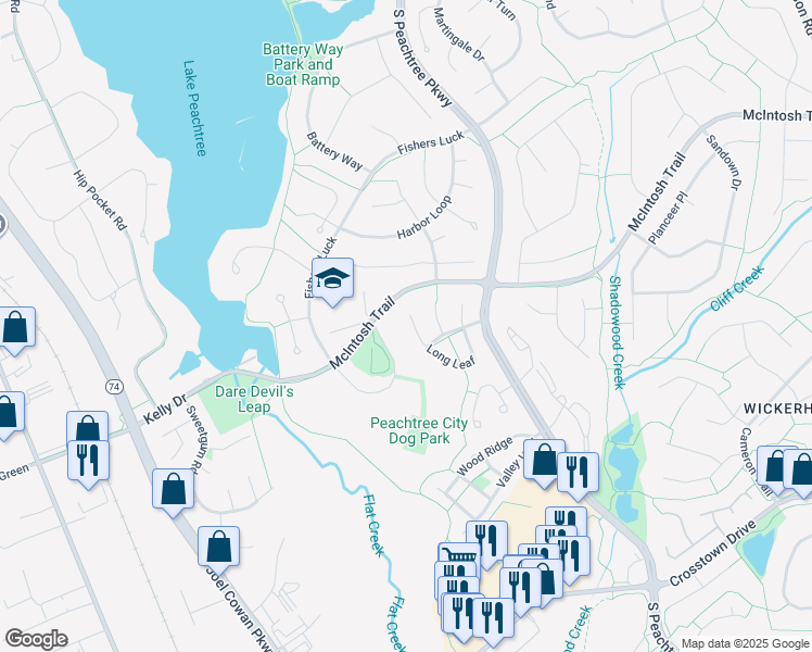 map of restaurants, bars, coffee shops, grocery stores, and more near 141 Long Leaf in Peachtree City