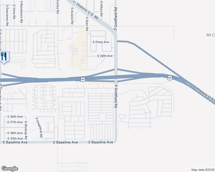 map of restaurants, bars, coffee shops, grocery stores, and more near 3270 South Goldfield Road in Apache Junction