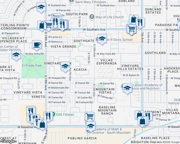 map of restaurants, bars, coffee shops, grocery stores, and more near 1533 West Saint Kateri Drive in Phoenix