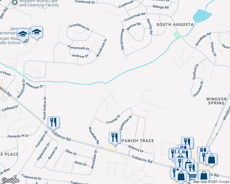 map of restaurants, bars, coffee shops, grocery stores, and more near 3011 White Sand Drive in Hephzibah