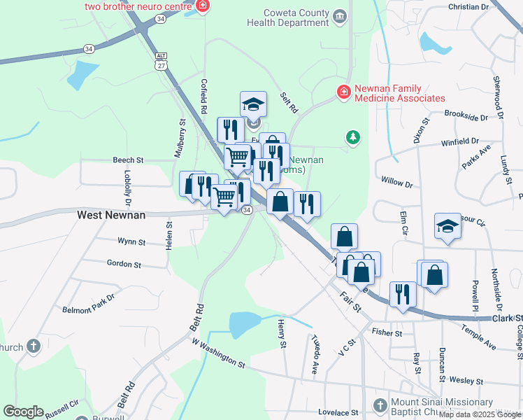 map of restaurants, bars, coffee shops, grocery stores, and more near Georgia 34 in Newnan