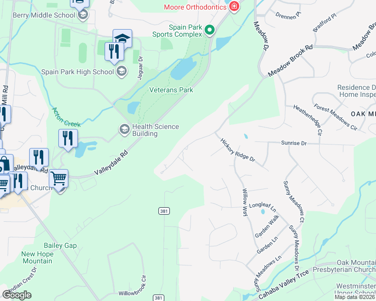 map of restaurants, bars, coffee shops, grocery stores, and more near 3117 Memory Brook Circle in Birmingham