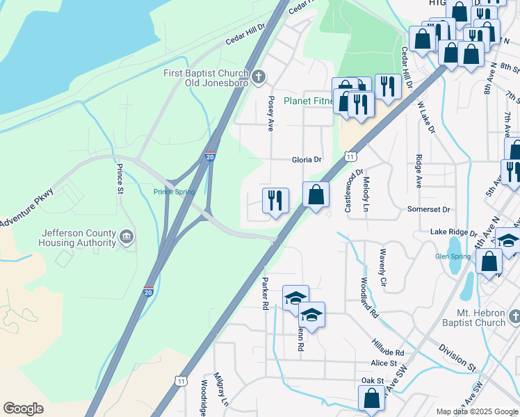 map of restaurants, bars, coffee shops, grocery stores, and more near 312 West Lake Circle Southwest in Bessemer
