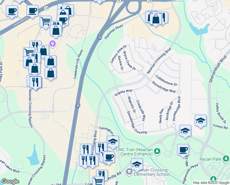 map of restaurants, bars, coffee shops, grocery stores, and more near 209 Granite Way in Newnan