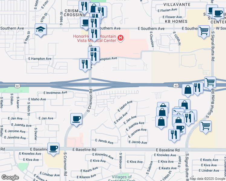map of restaurants, bars, coffee shops, grocery stores, and more near 10132 East Isleta Avenue in Mesa