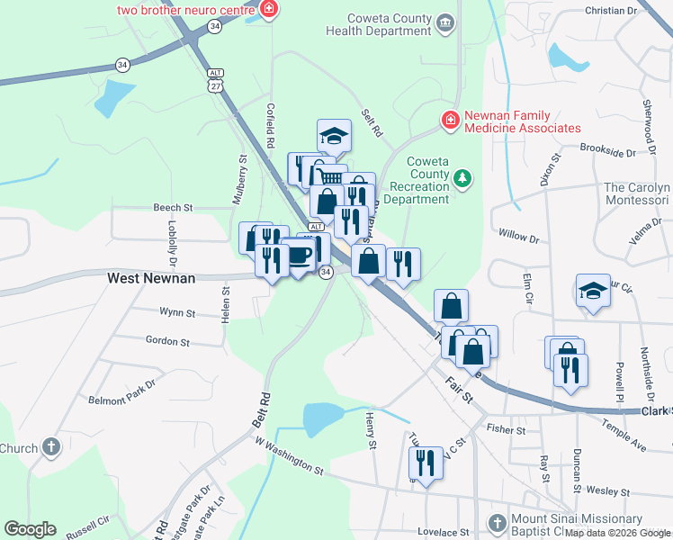 map of restaurants, bars, coffee shops, grocery stores, and more near in Newnan