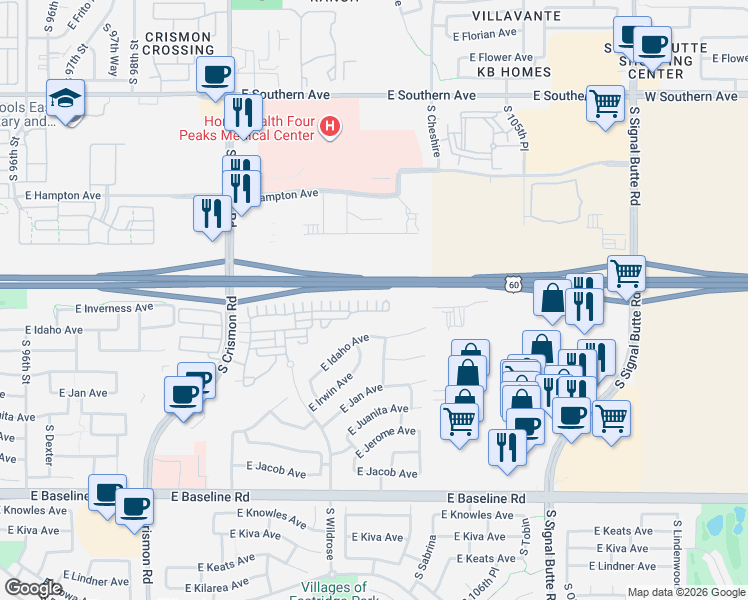 map of restaurants, bars, coffee shops, grocery stores, and more near 10266 East Isleta Avenue in Mesa