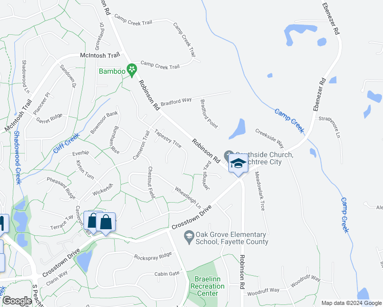map of restaurants, bars, coffee shops, grocery stores, and more near 112 Tapestry Trce in Peachtree City