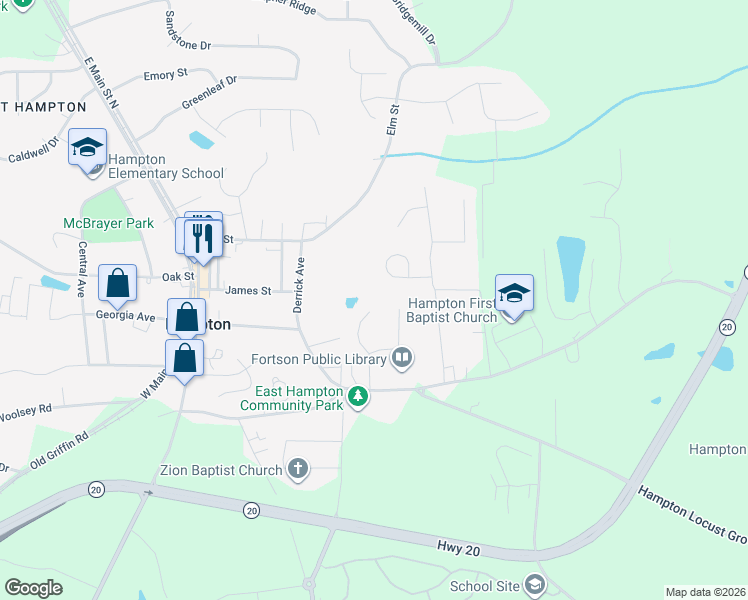 map of restaurants, bars, coffee shops, grocery stores, and more near 103 Eva Drive in Hampton