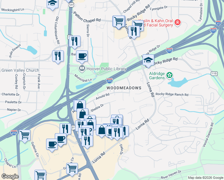 map of restaurants, bars, coffee shops, grocery stores, and more near 2047 Arnold Road in Birmingham
