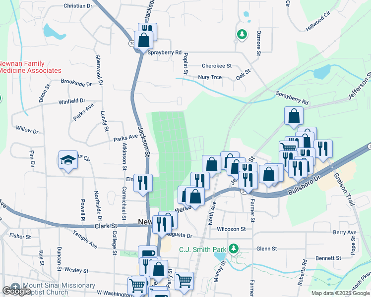 map of restaurants, bars, coffee shops, grocery stores, and more near 195 Jackson Street in Newnan