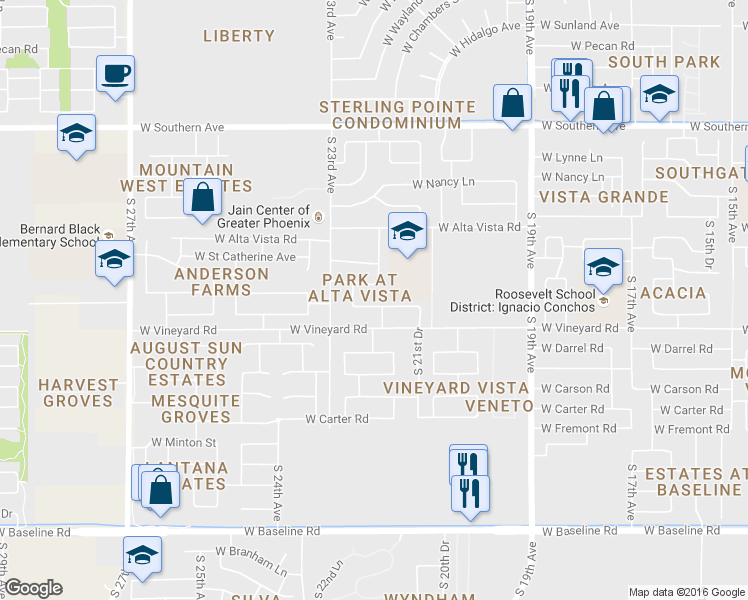 map of restaurants, bars, coffee shops, grocery stores, and more near 2131 West Vineyard Road in Phoenix