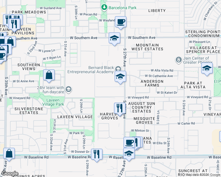 map of restaurants, bars, coffee shops, grocery stores, and more near 2771 West Apollo Road in Phoenix