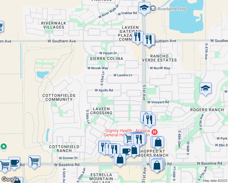 map of restaurants, bars, coffee shops, grocery stores, and more near 5245 West Apollo Road in Phoenix