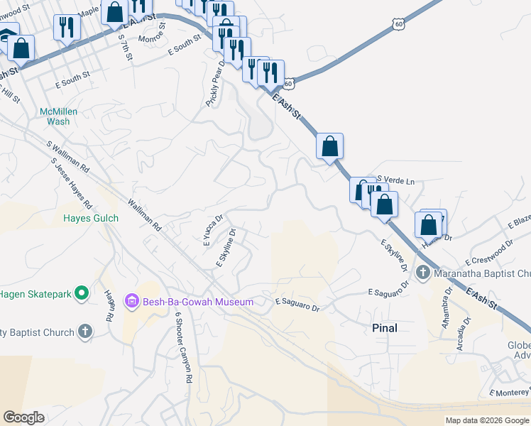 map of restaurants, bars, coffee shops, grocery stores, and more near 865 East Cactus Drive in Globe