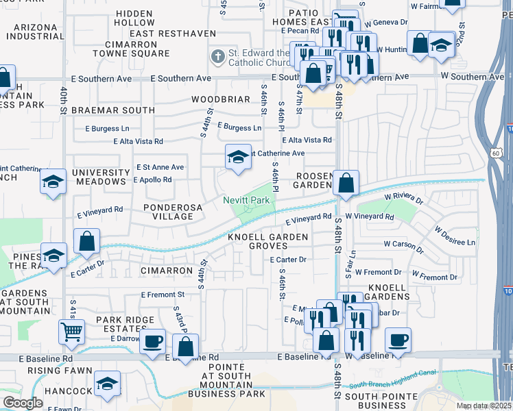 map of restaurants, bars, coffee shops, grocery stores, and more near 6815 South 44th Way in Phoenix