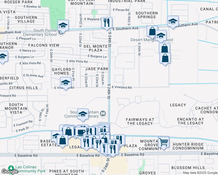 map of restaurants, bars, coffee shops, grocery stores, and more near S 24th St & E Vineyard Rd in Phoenix