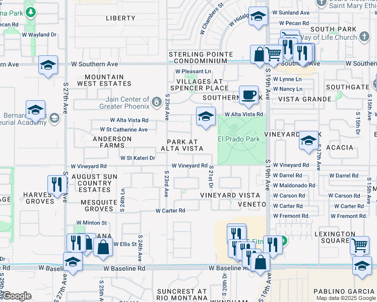 map of restaurants, bars, coffee shops, grocery stores, and more near 2131 West Vineyard Road in Phoenix
