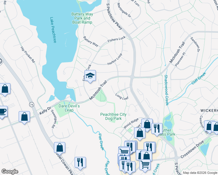 map of restaurants, bars, coffee shops, grocery stores, and more near 141 Long Leaf in Peachtree City
