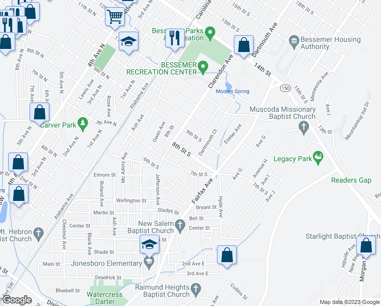 map of restaurants, bars, coffee shops, grocery stores, and more near 801 Dartmouth Avenue in Bessemer