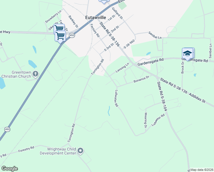 map of restaurants, bars, coffee shops, grocery stores, and more near 219 Bonanza Drive in Eutawville