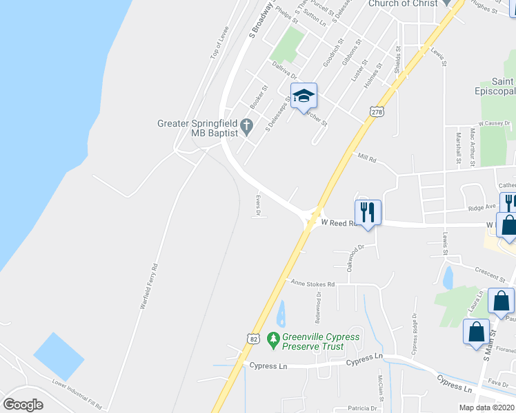map of restaurants, bars, coffee shops, grocery stores, and more near 1798 Evers Drive in Greenville