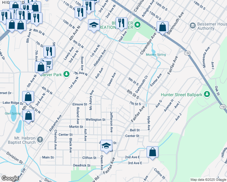 map of restaurants, bars, coffee shops, grocery stores, and more near 315 6th Street South in Bessemer