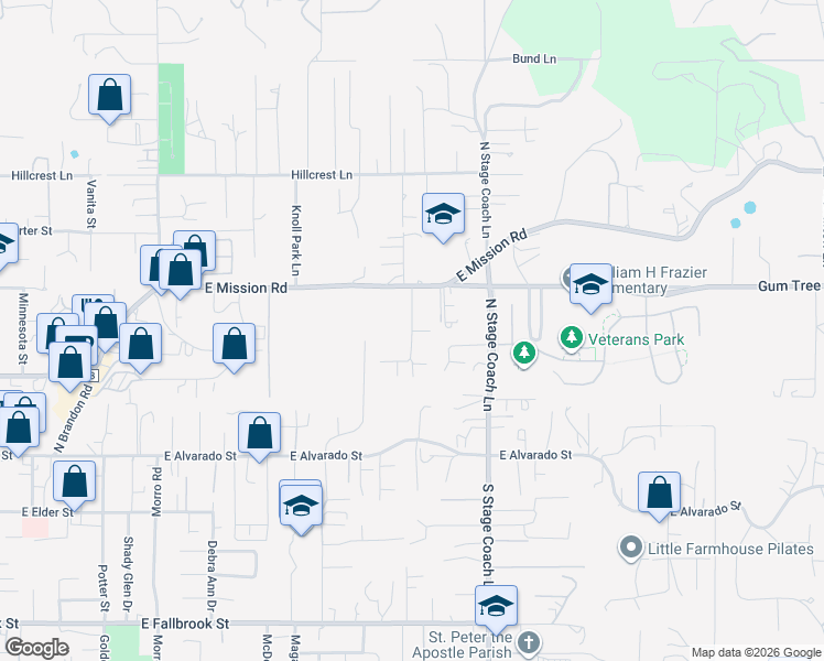 map of restaurants, bars, coffee shops, grocery stores, and more near Sky Vista Way in Fallbrook