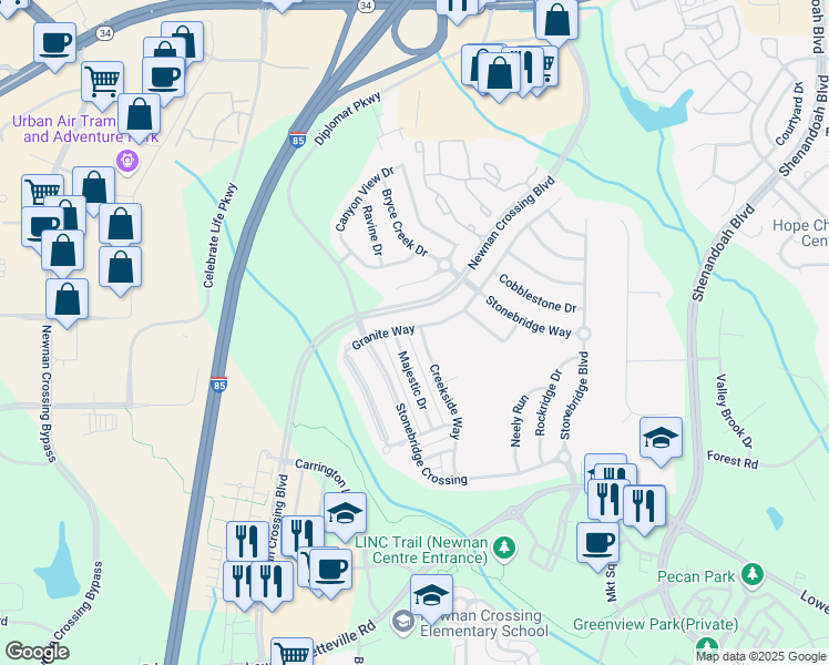 map of restaurants, bars, coffee shops, grocery stores, and more near 123 Creekside Way in Newnan