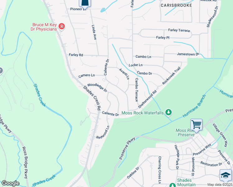 map of restaurants, bars, coffee shops, grocery stores, and more near 2154 Woodledge Drive in Birmingham