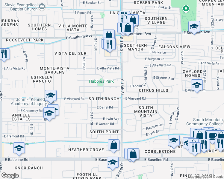 map of restaurants, bars, coffee shops, grocery stores, and more near 6642 South 16th Street in Phoenix