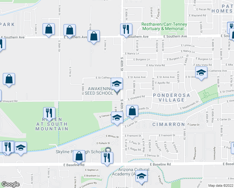 map of restaurants, bars, coffee shops, grocery stores, and more near 6630 South 40th Street in Phoenix