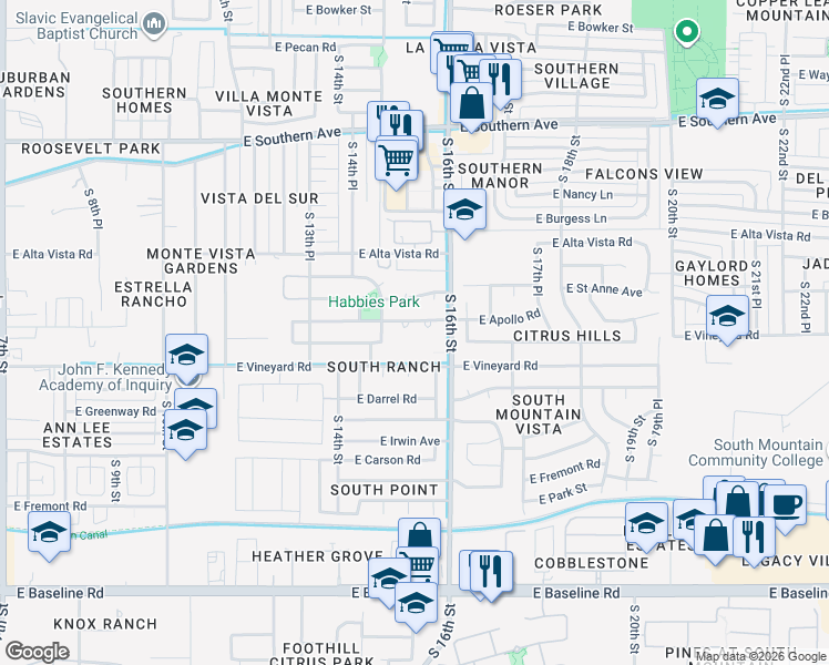 map of restaurants, bars, coffee shops, grocery stores, and more near 6642 South 16th Street in Phoenix