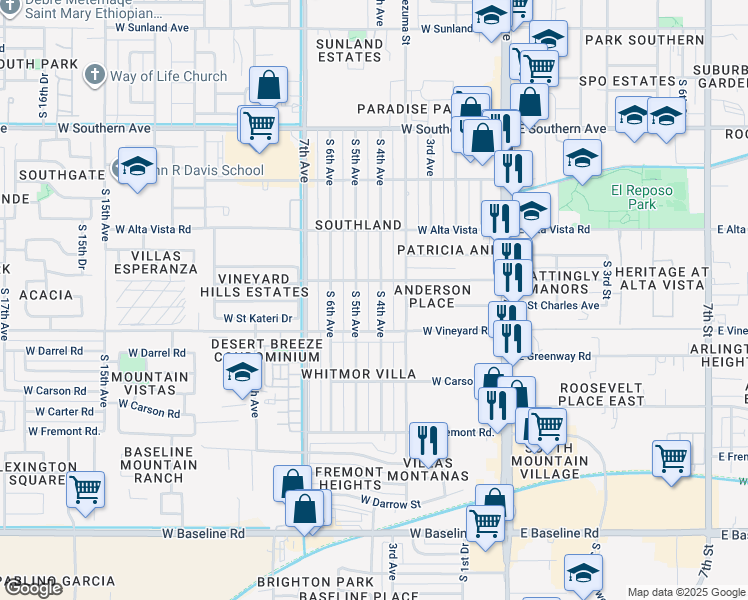 map of restaurants, bars, coffee shops, grocery stores, and more near 6633 South 4th Avenue in Phoenix